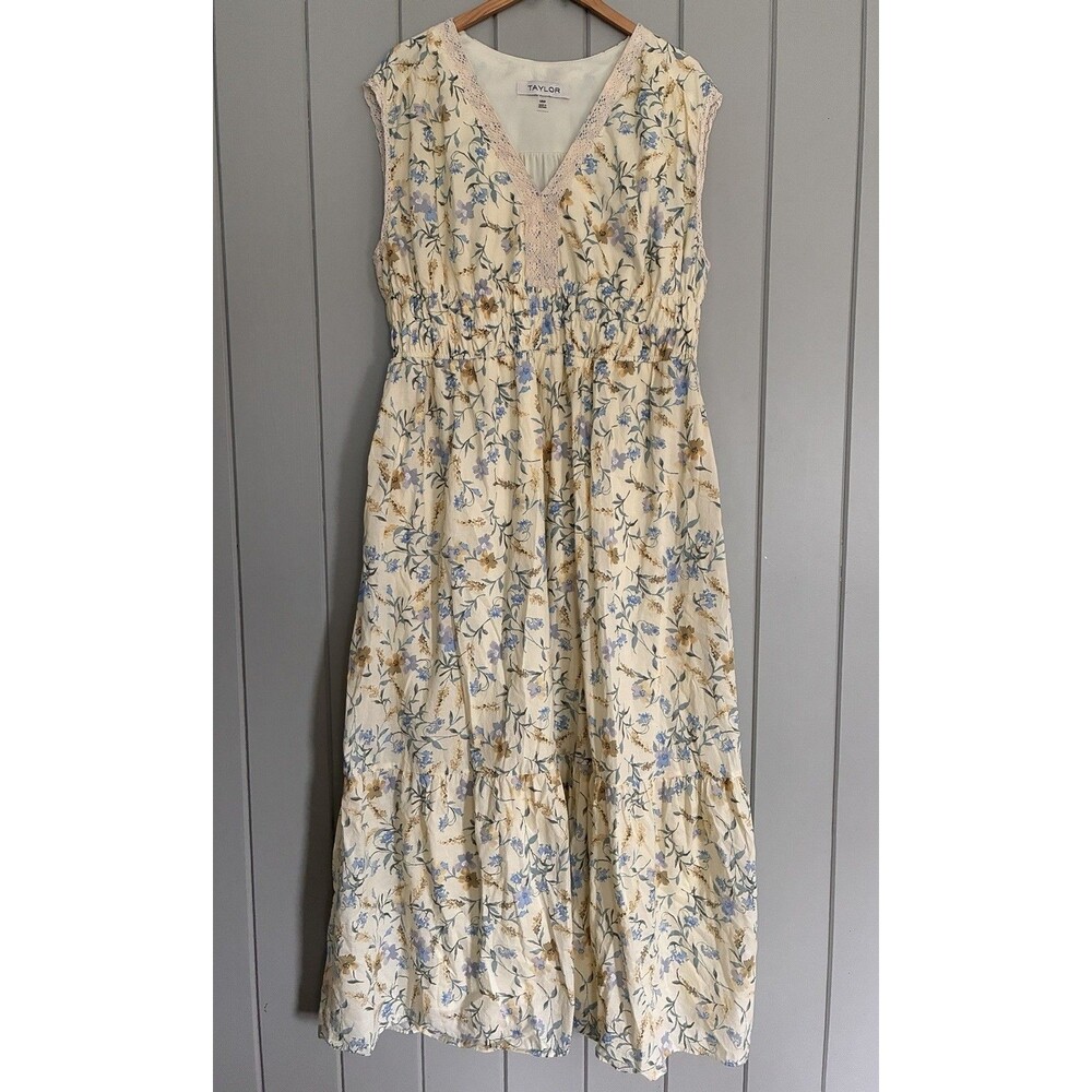 Taylor Maxi Dress Plus Size 18W Yellow Blue Floral Cotton V-Neck Short Sleeves